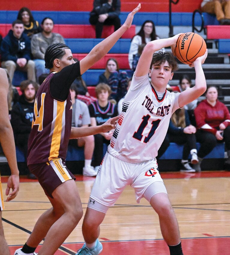 THROUGH TRAFFIC: Toll Gate&rsquo;s Brayden Healey looks to pass through the defense. (Photos by Leo van Dijk/rhodyphoto.zenfolio.com)