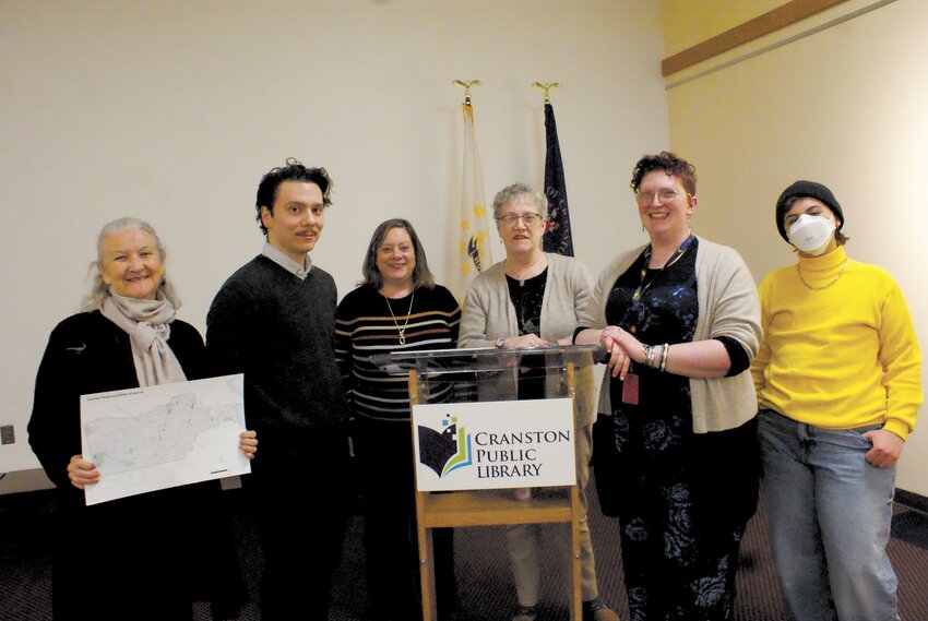 COORDINATED EFFORT: From left to right, Co-chair of the Community Connectors grant Annette Bourn, Senior Planner Gregory Guertin, Assistant Director at CPL Julie Holden, OneCranston Project Manager Ivy Swinski, and OneCranston HEZ Community Outreach Coordinator JB Fulbright. (Photo by Steve Popiel)