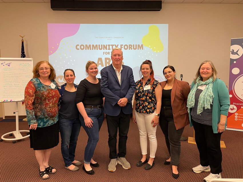 ART IS GOOD FOR CRANSTON: From left to right: Nancy Vitulli, Leah Thovmasian Hill, Abbey Tellier, Mayor Ken Hopkins,, Shannon Casey, Danielle Izzi-St. Pierre and Linda Peterson