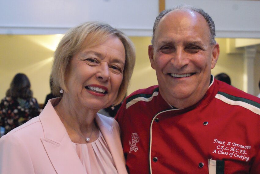 DIRTY PASTA: Patricia Fedeli, President, of the Italian American Historical Society of RI, Chef Frank A. Terranova, at left, who did a cooking demonstration of &ldquo;dirty pasta.&rdquo; He used the kitchen to make the same recipe for everyone to eat. (Cranston Herald photos by Steve Popiel)