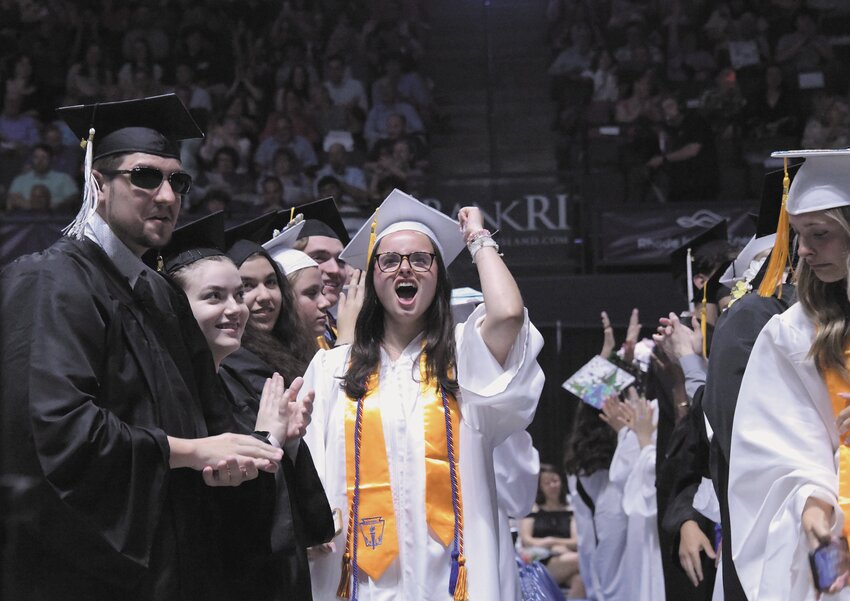 SHE DID IT:  Serene Blanchette gives a triumphant shout at Pilgrim High commencement ceremonies last Wednesday at the Ryan Center at URI.  (Warwick Beacon photo by Barbara Polichetti)