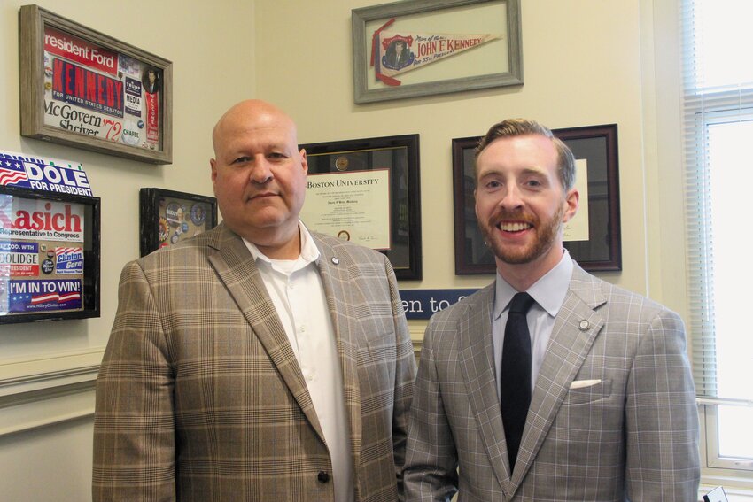 RETURNING AND LEAVING: Bill Facente, left, who earlier this year left the city to work for the City of Providence after 30 years is returning to Warwick as chief of staff to fill the shoes of Aaron Mackisey who is moving to Washington. (Warwick Beacon photo)