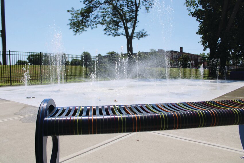 MAKING A SPLASH: On Tuesday morning, June 25, at 11 a.m., it was sunny and 83 degrees, and Cranston&rsquo;s splash pad was open for business. The kids, however, had yet to show up. (Cranston Herald photo by Greta Shuster)