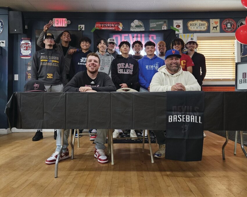 MAKING IT OFFICIAL: The RI Devils senior class after signing their college letters in a recent ceremony. Joining them were also coaches Joe Coelho and Jay Sanford. (Submitted photos)