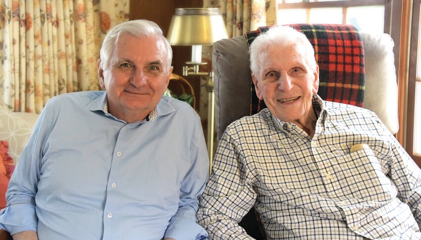 OVER THAT HILL, BUT KEPT GOING: Senator Jack Reed (left) shakes hands with Henry Polichetti, the second oldest veteran in the country and oldest veteran in Rhode Island. He turned 109 years young last week. Below, the pair share a laugh. (Cranston Herald photos by Barbara Polichetti)