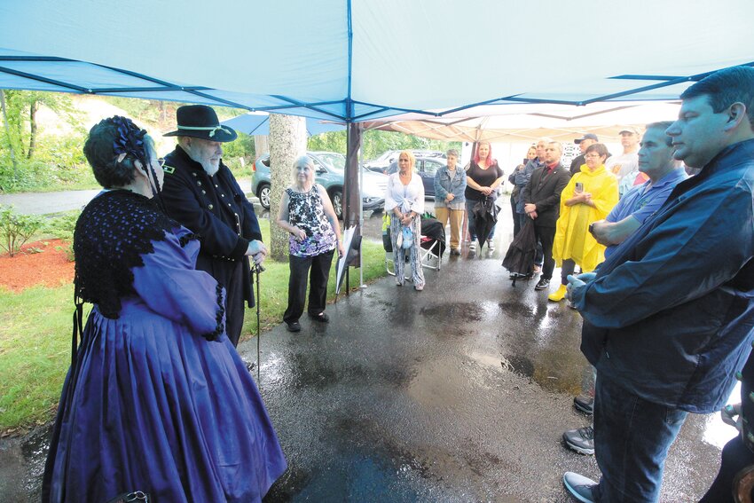 BATTLE STORY: Paul Bourget, as General George Sears Greene, tells the story of the defense of Culp&rsquo;s Hill during the Battle of Gettysburg at Saturday's ceremony. (Warwick Beacon photos)