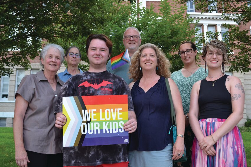 TESTIMONIALS: from left to right, Wendy Becker, Karen Rosenberg, Connor Pyne, Bill Pyne, Stephanie Geller, Giona Picheco and Victoria Eno, attended the July 15 Cranston School Committee meeting to counter-balance Robert Chiaradio&rsquo;s attempt to persuade school officials to change the city&rsquo;s &ldquo;transgender&rdquo; and &ldquo;nonconforming and transitioning students policy.&rdquo; (Cranston Herald photos by Rory Schuler)