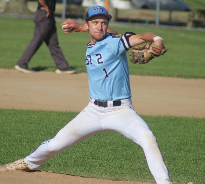 CHASING IT DOWN: Warwick Tree Post first baseman Logan Lama runs to snag a pop fly in foul territory last week against Upper Deck at McCarthy Field in West Warwick.