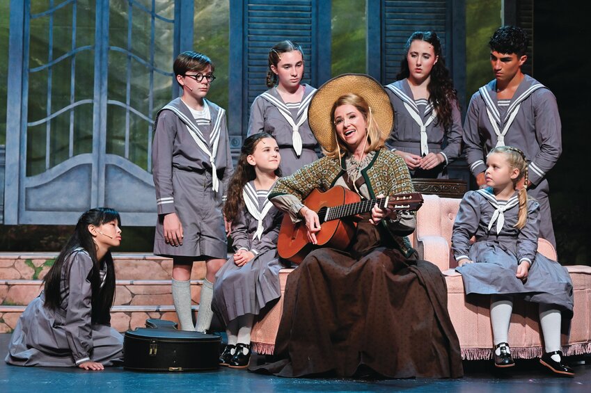 Arden Cha* (Brigitta), Owen Richard* (Kurt), Corinne Sweeney* (Marta), Charlotte McMahon* (Louisa), Kim Sava (Maria Rainer) Bailey Reese Greemon (Liesl), Jackson Alves* (Friedrich), and Georgia Kroll* (Gretl) in &ldquo;The Sound of Music&quot; at Theatre By The Sea thru August 17.