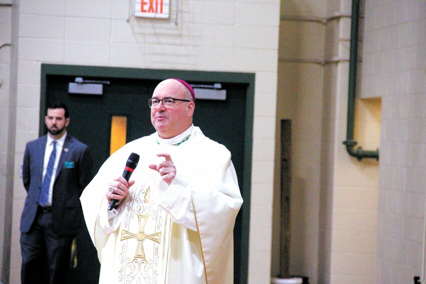 ADDRESSING STUDENTS:  One of Bishop Henning&rsquo;s first stops in Warwick was Hendricken High School where he talked with students.