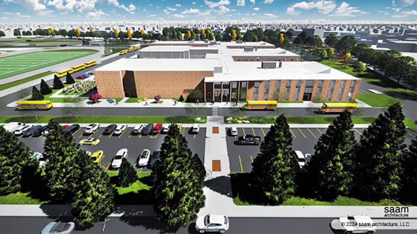 THE BIG &lsquo;E&rsquo;:  An architect&rsquo;s rendering of the new Pilgrim High School shows the building in the shape of a large E.