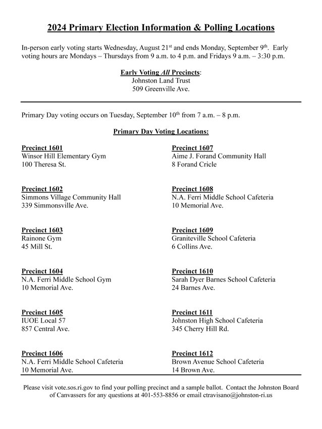 The Johnston Board of Canvassers has released a list of polling locations for the Tuesday, Sept. 10 Primary Election (the polls will be open from 7 a.m. to 8 p.m.). The new polling places have been approved by the Rhode Island Secretary of State&rsquo;s Office.