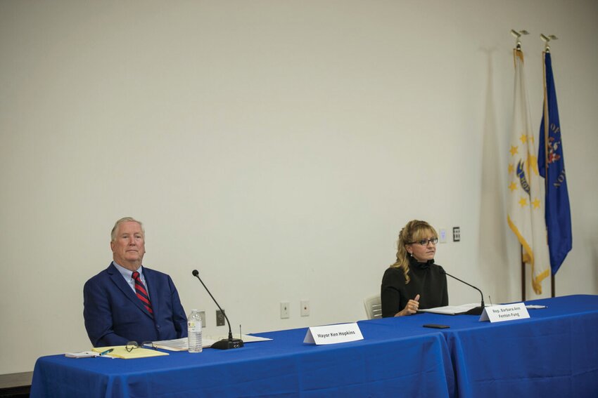 TESTY EXCHANGES: Mayor Ken Hopkins and Rep. Barbara Ann Fenton-Fung, the two contenders in the GOP primary for Cranston&rsquo;s mayoral seat, are seen at an Aug. 26, 2024, debate at the Cranston Public Library. (Alexander Castro/Rhode Island Current)