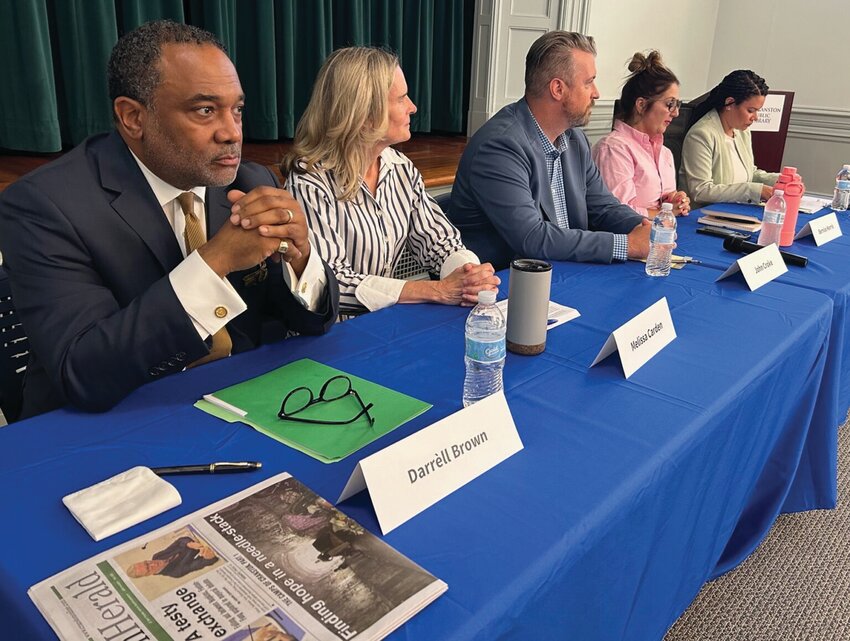 HERALD FORUM: From left: Senate District 28 Democrats Darrell Brown, Melissa Carden, John Croke, Bernice Morris, and Cranston City Council Vice President Lammis Vargas participate in a public forum at Cranston&rsquo;s William Hall Library on Thursday, Aug. 29. The forum was organized by the Cranston Herald.