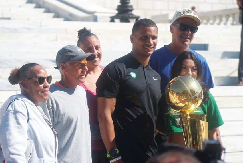 KISS THE RING: Boston Celtics owner Steve Pagliuca shows off his 2008 championship ring after addressing the crowd on Tuesday in Providence.