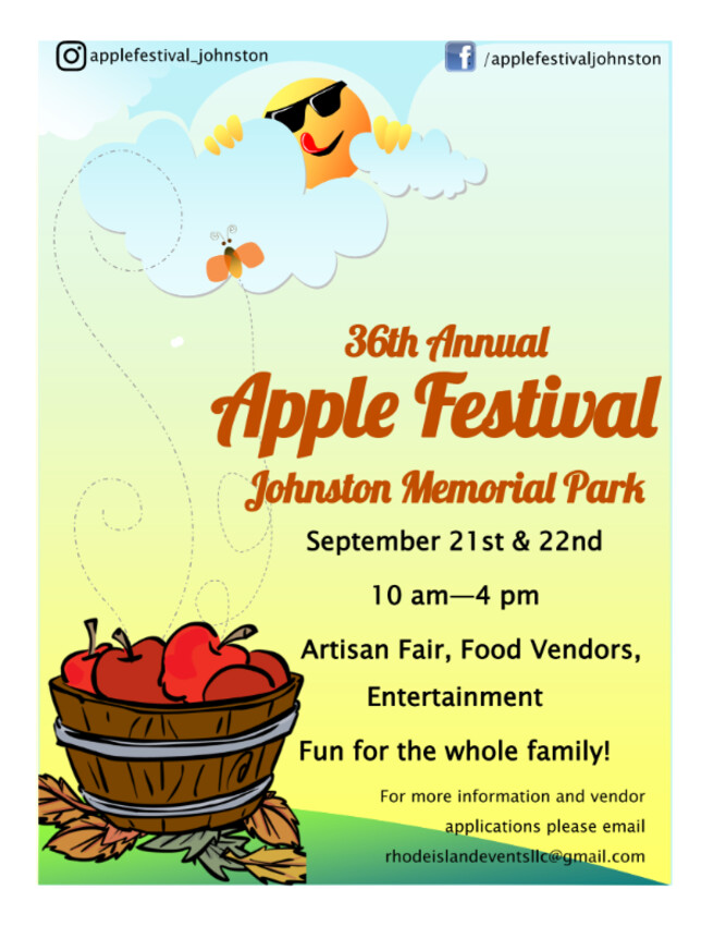 The 36th Annual Apple Festival will be held on Sat., Sept. 21, and Sun., Sept. 22, from 10 a.m. to 4 p.m., at Johnston Memorial Park.&nbsp; Artisans, food vendors, entertainment and more.&nbsp;