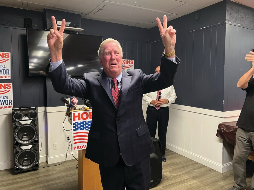 PRIMARY VICTORY: Cranston Mayor Kenneth Hopkins met his supporters at St. Mary’s Feast Society on Phenix Avenue Tuesday following his Primary Night win.