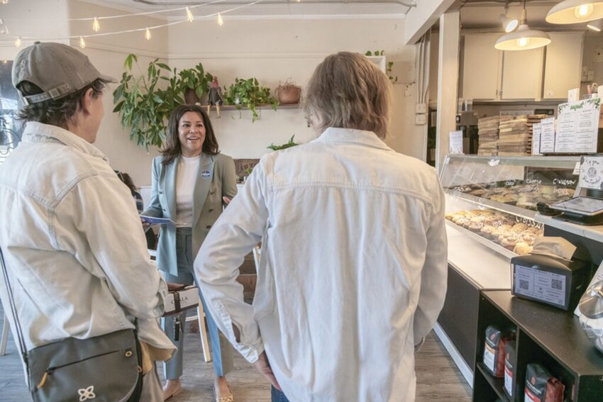 COUNCIL TO STATEHOUSE: Cranston City Council Vice President Lammis Vargas, one of five Democrats running for the open Senate District 28 seat, is shown campaigning on Primary Day at Beans and Buns in Cranston at 8 a.m. Tuesday, Sept. 10, 2024.