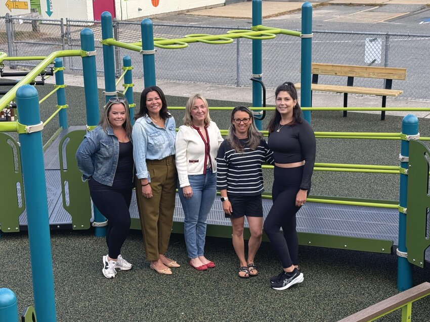 PLAYGROUND REOPENING: From left to right, Jill Pacheco, Lammis Vargas, Bridget Graziano, Amy Sloan and Katie Haas pose for a photo at the Edgewood Highland Playground, which has been tentatively scheduled to reopen on Wednesday, Sept. 25. (Courtesy photo)