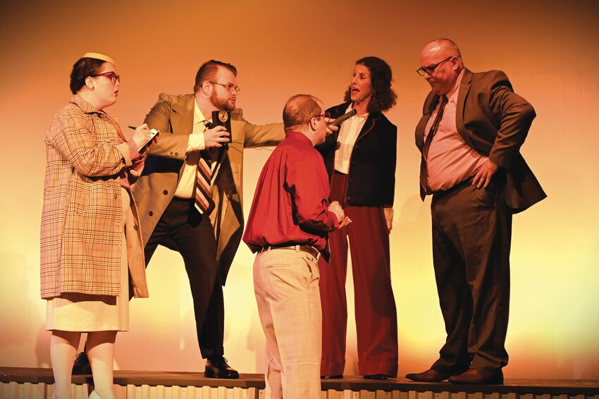 Ricci Mann, Tyler John, Mark Roberts (Ensemble), Nancy Winokoor (Jackie Cochran), Terry Shea (Dr. Lovelace) in the The Players production of &quot;They Promised Her the Moon&quot; at Barker Playhouse.