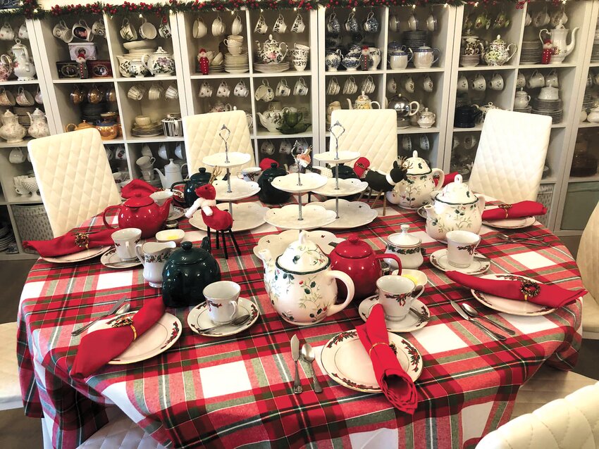 Tea is served. Sharon and Jonthan Thompson believe in sticking to tradition at their tea shop, Val's English Tea &amp; Pie Shop in Greenville. Thompson recently gave a talk on the history of teatime to the Johnston Historical Society. (Photos Courtesy of Sharon Thompson and tea shop Facebook page.)