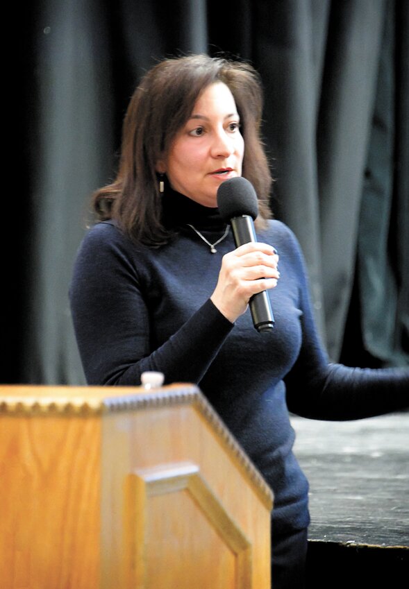Cranston Schools Supt. Jeannine Nota- Masse presents the School Department's proposed budget for Fiscal 2026 at a public meeting last week.