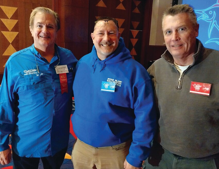 George Poveromo greets Scott Travers, executive director of the RI Saltwater Anglers Association and Steve Skenyon, board Treasurer, while promoting RISAA&rsquo;s March 7-9 Fishing Show at the RI Convention Center during his Fishing Seminar at Mohegan Sun. Submitted photos