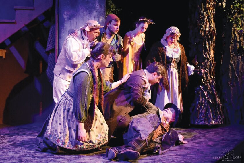 On floor: Roger Lemelin as Mysterious Man. Second Row from L to R: Elizabeth Peterson as the Baker&rsquo;s Wife, Alex David as the Baker. Standing from Left to Right: Jeff Davis as Milky White, Jack Becker as Jack, Sam Lowry as the Harp, Liz Messier as Jack&rsquo;s Mom. Photo by Samantha Hudgins