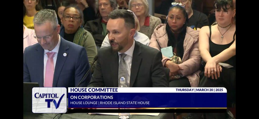 Greg Cornett, president of Rhode Island Energy, right, and Brian Schuster, the company&rsquo;s director of external affairs, appear on Capitol TV during last week&rsquo;s Rhode Island House Corporations Committee hearing on energy legislation.