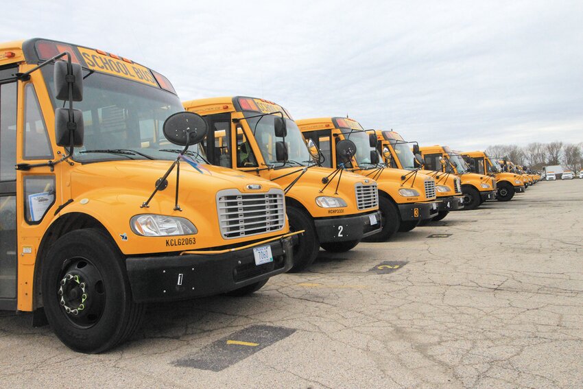 First Student buses line the lot off Sandy Lane. They will be outfitted with cameras. The company did not respond Monday as to how soon this could happen.  Beacon Media photo by John Howell
