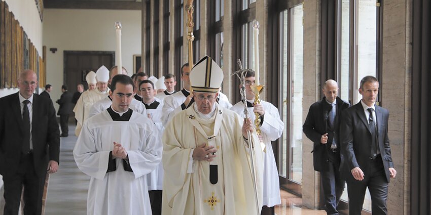 The Rev. Nathan Ricci, who grew up in Warwick and graduated from Bishop Hendricken High School, with Pope Francis in 2015 when the pontiff came to visit the North American College in Rome, where Ricci was studying as a seminarian.
