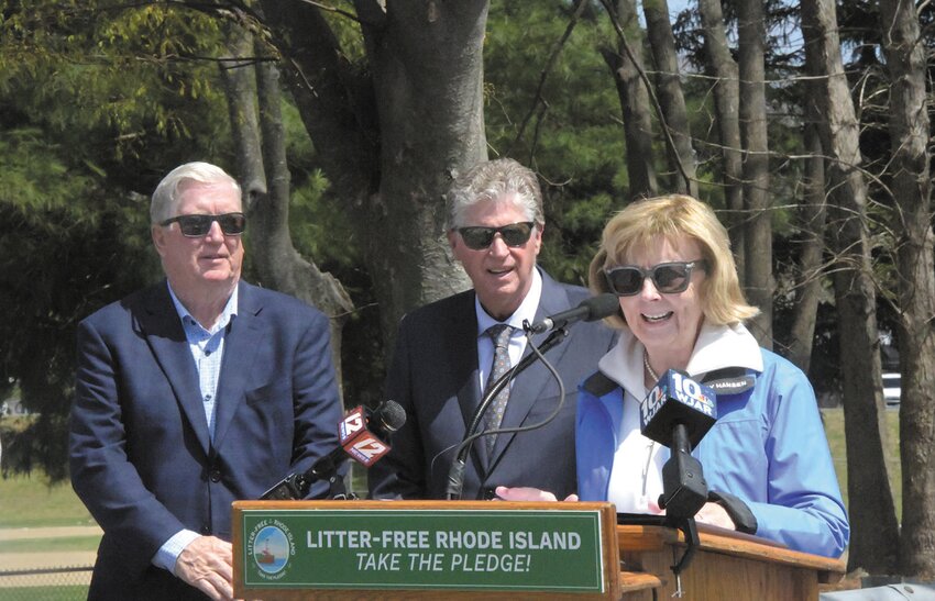 Governor and Mrs. McKee came to Cranston for Earth Day last week to promote the state's anti-litter campaign and urge the public to help keep Rhode Island beautiful. (From left to right &mdash; Cranston Mayor Kenneth Hopkins, Governor McKee, Susan McKee.)