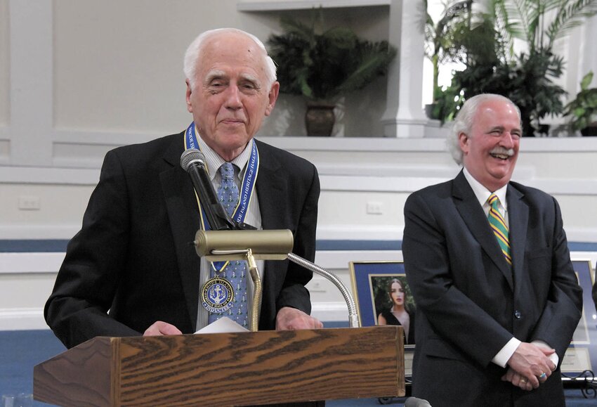 John Howell gets a laugh from the audience as he delivers a speech during his induction into the Rhode Island Heritage Hall of Fame. At right is former West Warwick Mayor Michael Levesque.