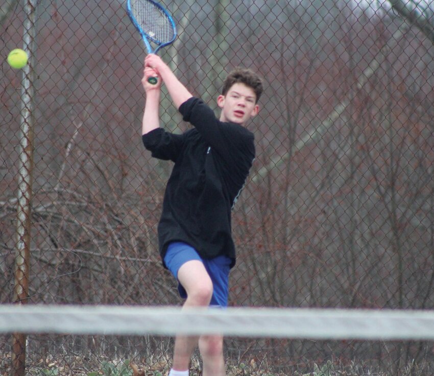 Warwick&rsquo;s Parker Weldy returns a shot. Weldy picked up a win at second singles for the co-op in Tuesday&rsquo;s quarterfinal match against Coventry. Beacon Media photo by Alex Sponseller
