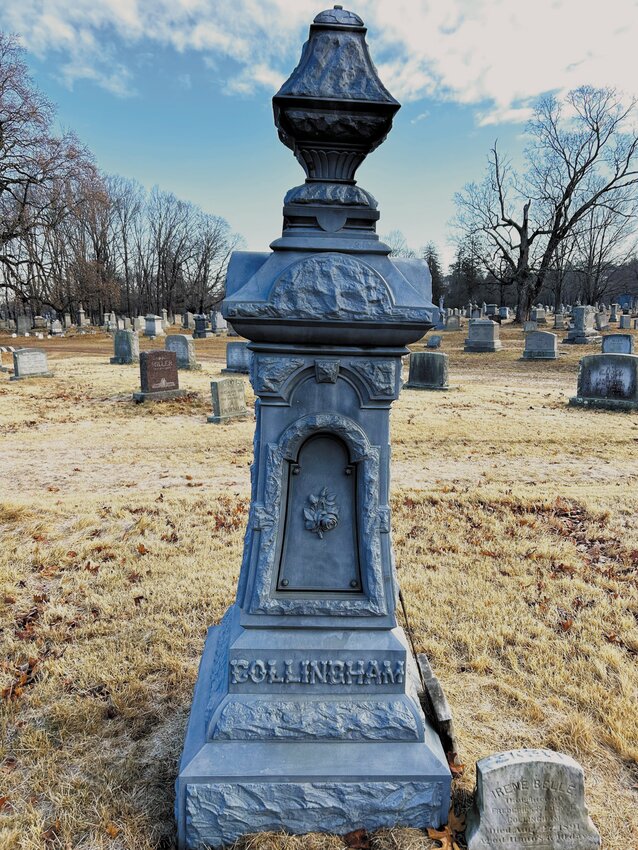 Collingham: A zinkie marking the grave of Lucy (Ramsdell) and Frederick Collingham. He was a master mechanic who immigrated to Rhode Island from Yorkshire, England and died of gangrene at age 47 in 1912. Lucy had died in 1894 of tuberculosis at age 27. The tree-branch font was popular on zinkies.