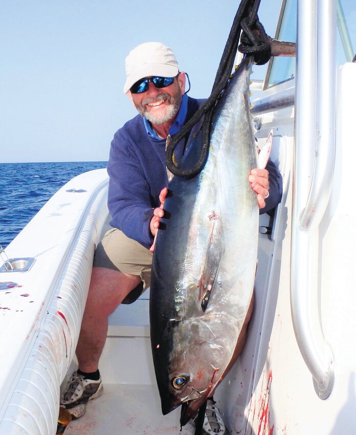 Capt. Dave Monti with bluefin tuna.  As of July 1, 2025 private vessels with an HMS Angling permit are allowed to take one fish between 27” to < 73”.