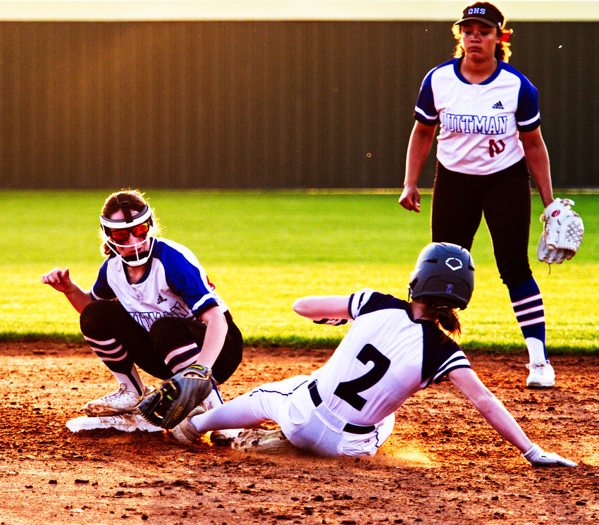 In a close play, Quitman&rsquo;s Peyton Kruckner tags out a Winona runner at second base.