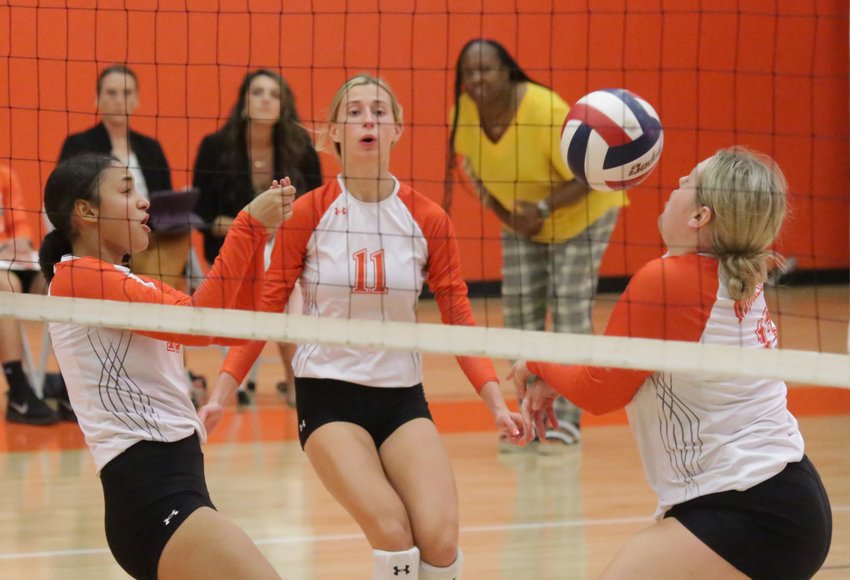 Every single point was crucial in Mineola&rsquo;s four-set win over Mt. Vernon last Friday. Here Kyra Jackson, Olivia Hughes, and Jocelyn Whitehead (l-r) react to the action.