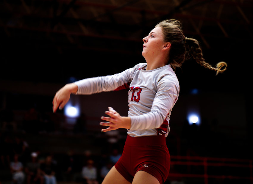 Cacie Lennon follows-through at Mineola Aug. 30.