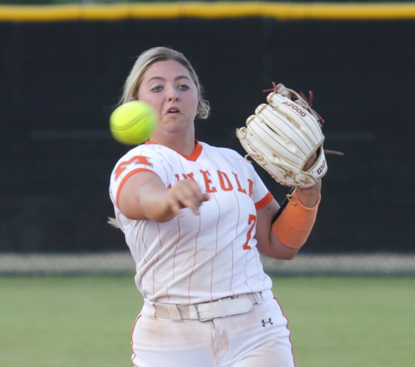 Mineola second baseman Lexie Miller fires a throw to first to record an early out against Winnsboro.