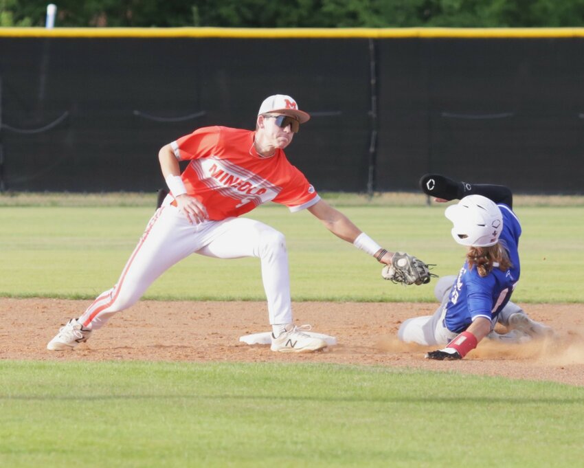Mineola shortstop Spencer Joyner puts a tag on a Prairiland baserunner trying to steal second. Matthew Ballew&rsquo;s throw arrived exactly where it needed to be to catch the runner.
