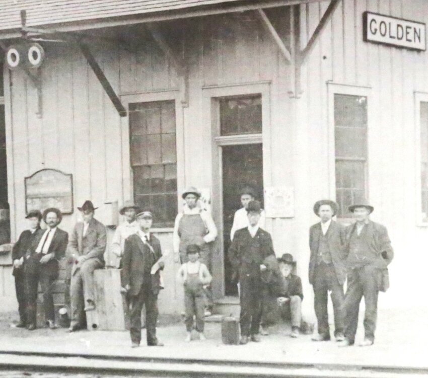 A crowd at the old Golden railroad station