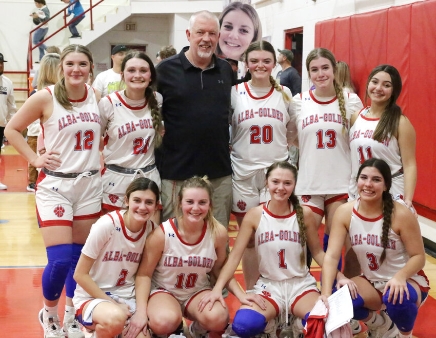 The Alba-Golden girls wrapped up the 2023-24 district championship with a perfect 12-0 mark to head into the state playoffs. The team includes, back from left, Landrie Boyd, Joecey Lewers, Coach Troy Wallace, Alexis Wilmut, Lainey Teel, Piper Hallman; and, front, Bailee Bishop, Kayleigh Logan, Kalli Trimble and Erin Langston.