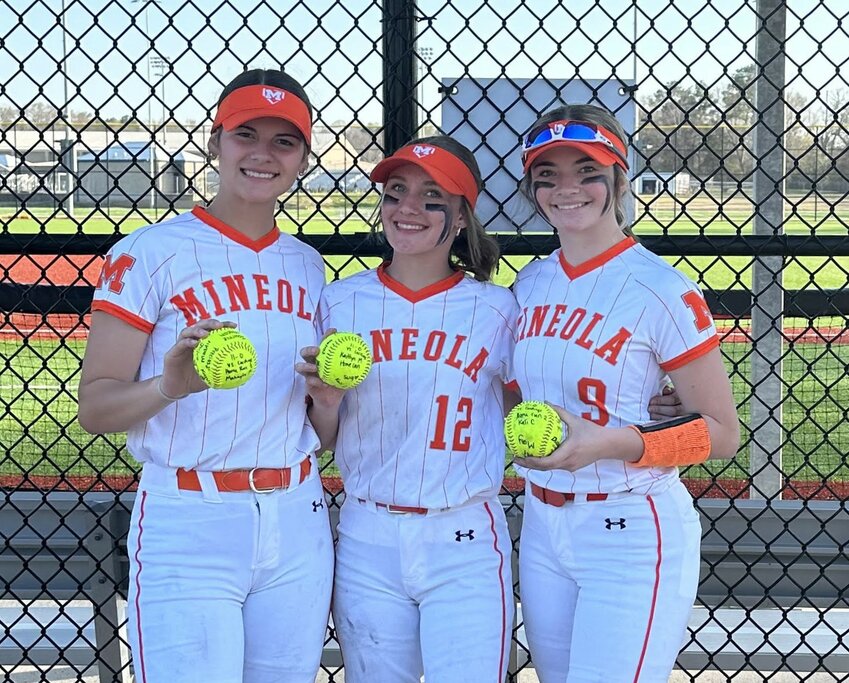 Mineola Lady Jackets, Mahayla McMahon, Kaitlyn McMahon and Kali Chrietzberg, hammered home runs in an&nbsp;11-0 win against Carthage at the Tyler Legacy Tourney.&nbsp;It was also Jadelyn Marshall&rsquo;s first career no-hitter.&nbsp;Kaitlyn McMahon was named all tournament.&nbsp;The Lady Jackets also recorded wins over Killeen (10-0) and Tyler High (14- 0) and dropped two games: Troup (4-1) and New Diana (8-6).