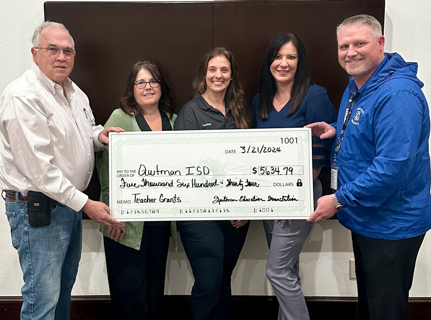 The first round of teacher grants went out last week in Quitman ISD. From left are QLCCF Director Orval Lindsey, Rhonda Turner, QLCCF Chairperson Joanne Wisdom, Assistant Superintendent Dana Hamrick and Superintendent Christopher Mason.