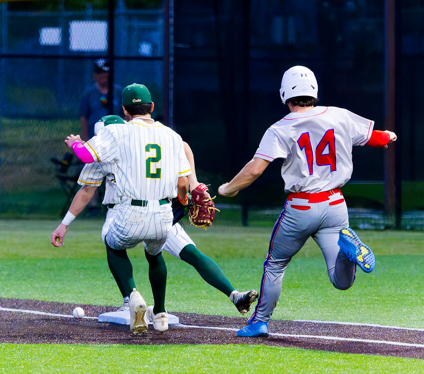 Easton Campbell beats out a play at first as the Harleton pitcher and first baseman couldn&rsquo;t connect.