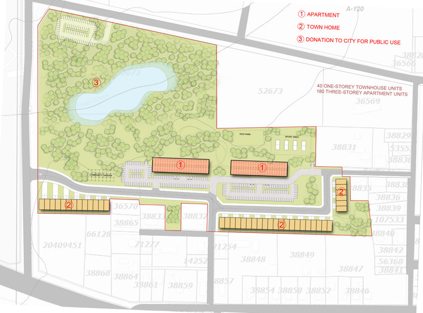 A proposed Mineola senior living community, Camron Park, would include a pair of three-story apartment buildings with 180 units and 40 town homes, with a large park area in the flood plain. It is located at the southeast corner of Patten St. and W. Loop 564, south of Mineola High School.