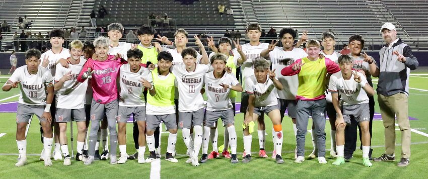 The Mineola High School boys varsity soccer team won the bidistrict playoff Friday against Pittsburg in Mt. Vernon. They advanced to the area round Tuesday against Henderson at Longview Lobo Stadium.