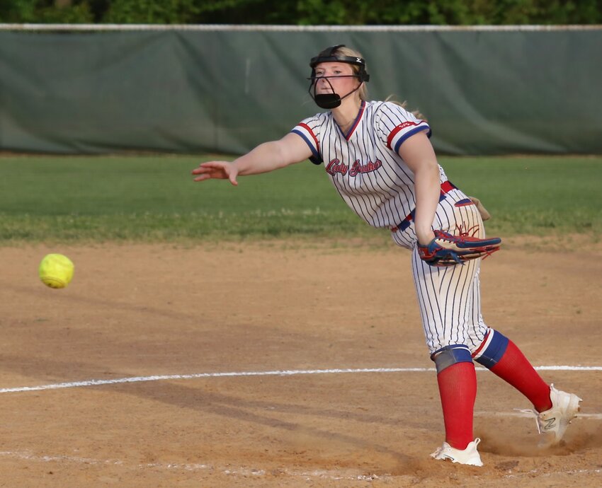 Sophomore hurler Adielyn Smith surpassed 400 strike-outs in her Alba-Golden career last Thursday against Big Sandy. (Monitor photo by John Arbter)