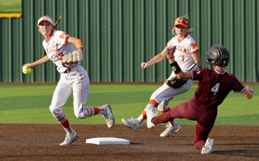 Mineola shortstop Kaitlyn McMahon readies the throw to first to complete a textbook double-play last Friday.